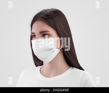 Weiße OP-Maske Mockup auf dunkelhaarige Krankenschwester isoliert auf Hintergrund, Seite. Atemschutzmaske zum Schutz vor Viren, Grippe, Staub auf ein Mädchen. Templat Stockfoto