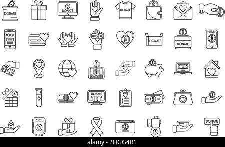 Symbole für wohltätige Spenden legen einen Umrissvektor fest. Spenden Sie Essen. Gemeinnütziger Sponsor Stock Vektor