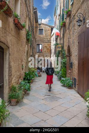 Pienza (Italien) - die wunderbare mittelalterliche Stadt der Toskana im Frühling, mit sehr berühmten Aussichten und Landschaften im Val d'Orcia UNESCO-Stätte Stockfoto