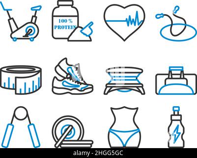 Fitness-Symbol-Set. Editierbare Fett Formatigte Kontur Mit Farbfüllungsdesign. Vektorgrafik. Stock Vektor