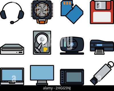 Computersymbole Eingestellt. Editierbare Fett Formatigte Kontur Mit Farbfüllungsdesign. Vektorgrafik. Stock Vektor