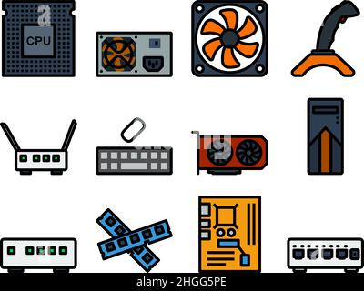 Computersymbole Eingestellt. Editierbare Fett Formatigte Kontur Mit Farbfüllungsdesign. Vektorgrafik. Stock Vektor