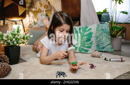 Mädchen, die Spielzeugkäfer mit einer Lupe auf dem Teppich beobachten Stockfoto