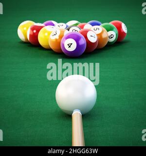 Pool- oder Billardkugeln und Queue auf grünem Tischtuch. 3D Abbildung. Stockfoto