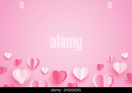 Fröhlicher Valentinstag mit Papierherzen und Kopierplatz auf rosa Hintergrund. Stock Vektor