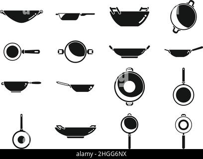 Wok-Bratpfanne Symbole setzen einfache Vektor. Fleischgeräte. Kochen in der Küche Stock Vektor