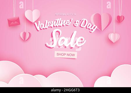 Valentinstag Verkauf Banner-Vorlage mit Herz hängt auf rosa pastellfarbenen Hintergrund. Stock Vektor