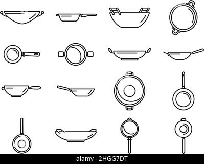 Symbole für Wok-Bratpfanne legen den Umrissvektor fest. Fleischgeräte. Kochen in der Küche Stock Vektor