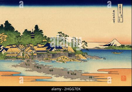 Japan: „Enoshima in der Bucht von Sagami“. Ukiyo-e Holzschnitt aus der Serie ‘Thirty-Six views of Mount Fuji’ von Katsushika Hokusai (31. Oktober 1760 - 10. Mai 1849), 1830. ‘Thirty-Six Views of Mount Fuji’ ist eine Serie von Holzschnitten der japanischen Künstlerin Katsushika Hokusai, die „Sukiyo-e“ ‘. Die Serie zeigt den Fuji in unterschiedlichen Jahreszeiten und Wetterbedingungen an verschiedenen Orten und Entfernungen. Es besteht tatsächlich aus 46 Drucken, die zwischen 1826 und 1833 entstanden sind. Die ersten 36 wurden in die Originalpublikation aufgenommen, und aufgrund ihrer Popularität wurden nach der Originalpublikation 10 weitere hinzugefügt. Stockfoto