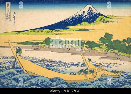 Japan: 'Tago Bay bei Ejiri am Tokaido'. Ukiyo-e Holzschnitt aus der Serie ‘Thirty-Six views of Mount Fuji’ von Katsushika Hokusai (31. Oktober 1760 - 10. Mai 1849), 1830. ‘Thirty-Six Views of Mount Fuji’ ist eine Serie von Holzschnitten der japanischen Künstlerin Katsushika Hokusai, die „Sukiyo-e“ ‘. Die Serie zeigt den Fuji in unterschiedlichen Jahreszeiten und Wetterbedingungen an verschiedenen Orten und Entfernungen. Es besteht tatsächlich aus 46 Drucken, die zwischen 1826 und 1833 entstanden sind. Die ersten 36 wurden in die ursprüngliche Publikation aufgenommen und aufgrund ihrer Popularität kamen 10 weitere hinzu. Stockfoto