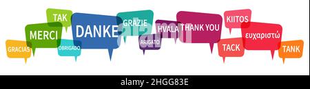 EPS 10 Vektordarstellung von farbigen Sprechblasen, Zeile isoliert Auf weißem Hintergrund mit Begrüßungstext „ Danke “ in Verschiedene Sprachen Stock Vektor