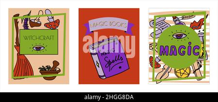 Magische handgezeichnete Doodle-Banner. Vektorsymbole von magischen Gegenständen. Kollektion halloween Elemente. Zauberbesen, Tränke, Wahrsagekarten, Runen, Bücher Stock Vektor