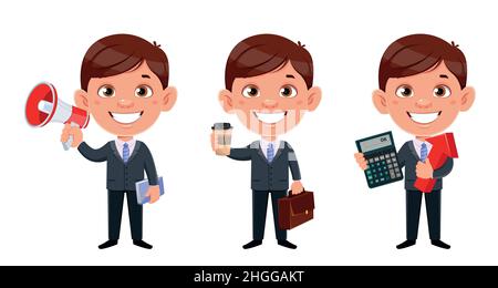 Hübscher Geschäftsmann Cartoon-Figur. Lustige Geschäftsmann, Satz von drei Posen. Vektorgrafik für Aktien Stock Vektor