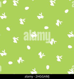 Nahtloses Muster mit weißer Silhouette Osterkaninchen auf grünem Hintergrund. Design für Karte, Postkarte, Tapete, Stoff, Textil. Vektormaterial Stock Vektor
