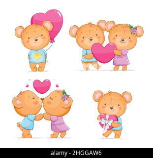 Happy Valentines Day, lustige Bären, Satz von vier Abbildungen. Niedliche kleine Bären Comic-Figuren. Vektorgrafik für Aktien Stock Vektor