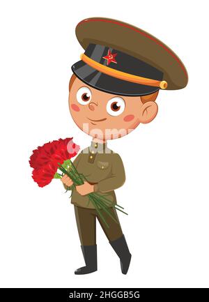 23. Februar. Glücklicher Verteidiger des Vaterlandstages, russischer Feiertag. Niedlicher Junge in einem Kostüm von Soldat mit Blumen. Vektorgrafik für Aktien Stock Vektor