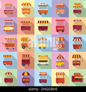 Hotdog-Cart-Symbole setzen einen flachen Vektor. Geschäftsessen. Cafe-Karneval Stock Vektor