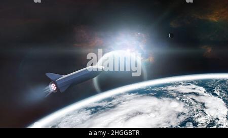 Sternschiff in der Erdumlaufbahn mit außerirdischen Planeten. Elemente dieses Bildes, die von der NASA eingerichtet wurden. Stockfoto