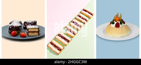 Collage aus traditionellen australischen Desserts lamington, pavlova und Eisted vovo. Angepasstes Keto-Dessert aus Mandelmehl und einem Süßstoff. Pastellfarben Stockfoto