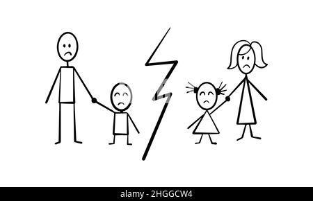 Familienstick-Figuren mit Blitz zwischen den Mitgliedern. Einfaches handgezeichnetes Scheidungskonzept. Vektorgrafik. Stock Vektor