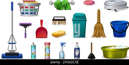 Symbole für sauberere Geräte stellen einen Cartoon-Vektor ein. Hygienedesifektant. Saubere Chemikalien Stock Vektor