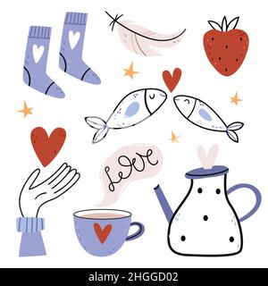Set mit einfachen Illustrationen zum Valentinstag. Teekannen und Becher, blaue Socken, verliebte Fische, Erdbeeren, Federn Stock Vektor
