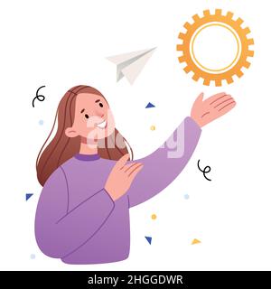 Das Mädchen hält einen Gang wie die Sonne.das Konzept einer guten Idee. Stock Vektor