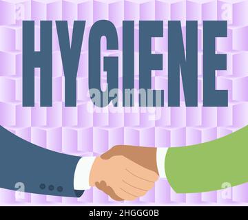 Handschriftentext Hygiene, Wort geschrieben auf dem Studium der Wissenschaft über die Einrichtung und Erhaltung der Gesundheit zwei Männer zeichnen mit Papier Hintergrund schütteln Stockfoto