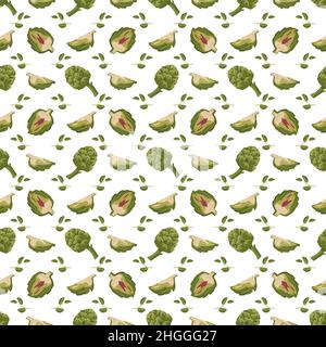Nahtloses Muster mit grüner Artischocke. Drucken mit ganz und halb gesundem Gemüse und Blättern, Ernte. Leckeres Essen für Salat und Kochen auf weißem Hintergrund. Vektorgrafik flach Stock Vektor