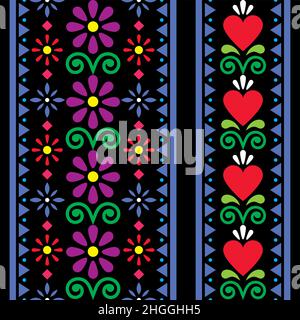 Mexikanische Volkskunst Vektor zwei nahtlose Muster mit Blumen und Herzen, Textil- oder Stoffdruck-Design von der traditionellen Kunst aus Mexiko auf schwarz inspiriert Stock Vektor