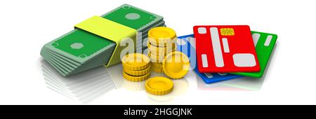 Münzen, Banknoten und Kreditkarten. Drei Kreditkarten, Banknoten und Goldmünzen liegen auf einer weißen Fläche. 3D Abbildung Stockfoto