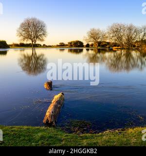 Fritham, New Forest, Hampshire, Großbritannien, 21st. Januar 2022, Wetter: Eis bedeckt die Oberfläche des Janesmoor Pond nach der kältesten Nacht des Jahres mit einer Temperatur von -4 bei Sonnenaufgang teilweise. Ein schöner und sonniger, aber kalter Tag wird prognostiziert. Kredit: Paul Biggins/Alamy Live Nachrichten Stockfoto