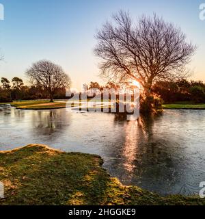 Fritham, New Forest, Hampshire, Großbritannien, 21st. Januar 2022, Wetter: Eis bedeckt die Oberfläche des Janesmoor Pond nach der kältesten Nacht des Jahres mit einer Temperatur von -4 bei Sonnenaufgang teilweise. Ein schöner und sonniger, aber kalter Tag wird prognostiziert. Kredit: Paul Biggins/Alamy Live Nachrichten Stockfoto