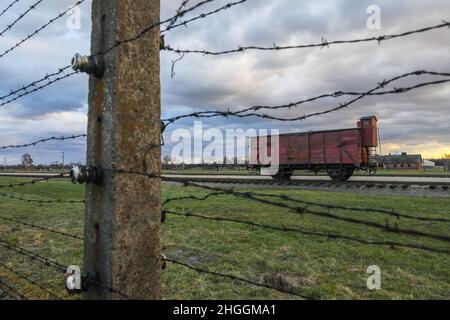 Stacheldrahtzaun und ein Original-Eisenbahnwaggon, der am 3. Januar 2022 für Deportationen im ehemaligen KZ-Vernichtungslager Auschwitz II-Birkenau in Oswiecim, Polen, verwendet wurde. Stockfoto