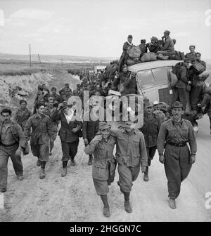 Ein Vintage-Foto vom 1943. Mai, auf dem besiegte italienische Soldaten nach der Schlacht von Tunis und der Niederlage des deutschen Afrika Korps als Kriegsgefangene in ein Internierungslager gebracht wurden Stockfoto