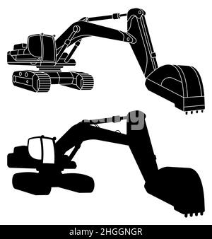 Silhouette von schweren Bagger Maschine für Bau-und Erdarbeiten in linearen. Industrielle Maschinen und Anlagen. Isolierter Vektor auf Weiß Stock Vektor