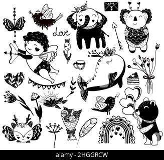 Großes Set zum Valentinstag, fröhliche Amseln, Tiere, Blumen, Vögel, Luftballons, Blumenstrauß, Regenbogen. Niedliche schwarz-weiße Zeichen. Verliebte schwarze und weiße Tiere. Flacher Symbolsatz. Vektor Stock Vektor