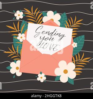 Valentinstags-Grußkarten-Konzeptvorlage in flachem Design, mit Handzeichnungen und Schriftzügen Stock Vektor