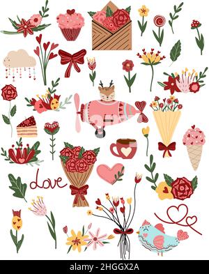 Großes Set für Valentinstag, Blumen, Cupcake, Umschlag mit Blumen, Tasse, Vogel, Herzen, Blätter. Einen weißen Hintergrund isoliert. Buntes flaches Icon-Set. Vektorgrafik. Stock Vektor
