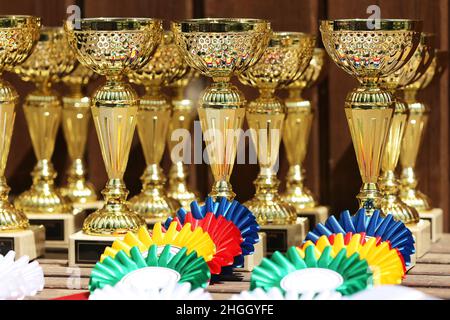 Gruppe von Pferdesport-Trophäen und Abzeichen Rosetten bei Reitsport-Veranstaltung in Reihe. Haufen von Sporttrophäen und Abzeichen Rosetten für die Sieger auf der Ausstellung Stockfoto