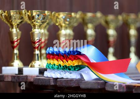 Gruppe von Pferdesport-Trophäen und Abzeichen Rosetten bei Reitsport-Veranstaltung in Reihe. Haufen von Sporttrophäen und Abzeichen Rosetten für die Sieger auf der Ausstellung Stockfoto