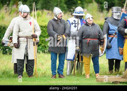 Rekonstruktion der Schlacht von Evesham 1265 auf der Kronwiese. Stockfoto