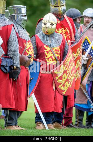 Rekonstruktion der Schlacht von Evesham 1265 auf der Kronwiese. Stockfoto