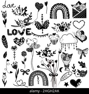 Großes Schwarz-Weiß-Set für den Valentinstag, Blumen, Cupcake, Herzen, Blätter, Regenbogen, Luftballon, Blumenstrauß, Liebe. Einen weißen Hintergrund isoliert. Flacher Symbolsatz. Vektorgrafik. Stock Vektor