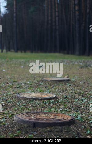 Rostige Mannloch Kappe Grunge Mannloch Abdeckung mit Clipping Pfad Wald Hintergrund Gras Stockfoto