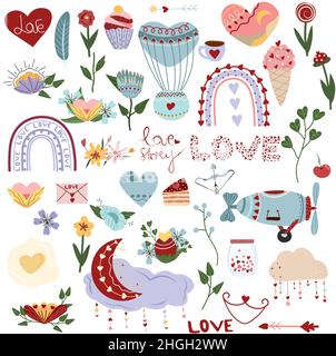 Großes Set für den Valentinstag, Blumen, Cupcake, Herzen, Blätter, Regenbogen, Heißluftballon, Liebe, Mond. Bunte nette Illustration isoliert einen weißen Hintergrund. Flacher Symbolsatz. Vektorgrafik. Stock Vektor