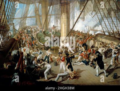 „The Fall of Nelson“ in Battle of Trafalgar, von Denis Dighton (1792-1827). Ein Eindruck der tödlichen Verwundung von Nelson auf dem Oberdeck des „Victory“, der viele Jahre nach dem Ereignis gemalt wurde. Nelson wird porträtiert in dem Moment, in dem er fällt, rückt Captain Hardy mit dem Rücken zum Betrachter vor, um Royal Marine Sergeant Secker zu unterstützen, der bereits an Nelsons Seite steht. 21. Oktober 1805. Stockfoto