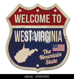 Willkommen bei West Virginia vintage rostigen Metall-Schild auf einem weißen Hintergrund, Vektor-Illustration Stock Vektor