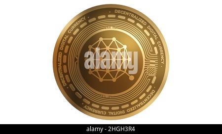 3D Render von Gold Qtum Cryptocurrency Sign isoliert auf weißem Hintergrund Stockfoto