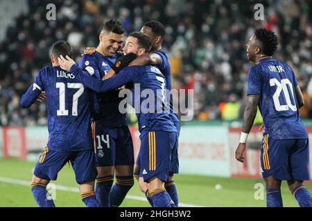 Eden Hazard of Real Madrid feiert ein Tor während des spanischen Pokals Copa del Rey, einer Runde von 16 Fußballspielen zwischen Elche CF und Real Madrid am 20. Januar 2022 im Martinez Valero Stadion in Elche, Alicante, Spanien - Foto: IRH/DPPI/LiveMedia Stockfoto